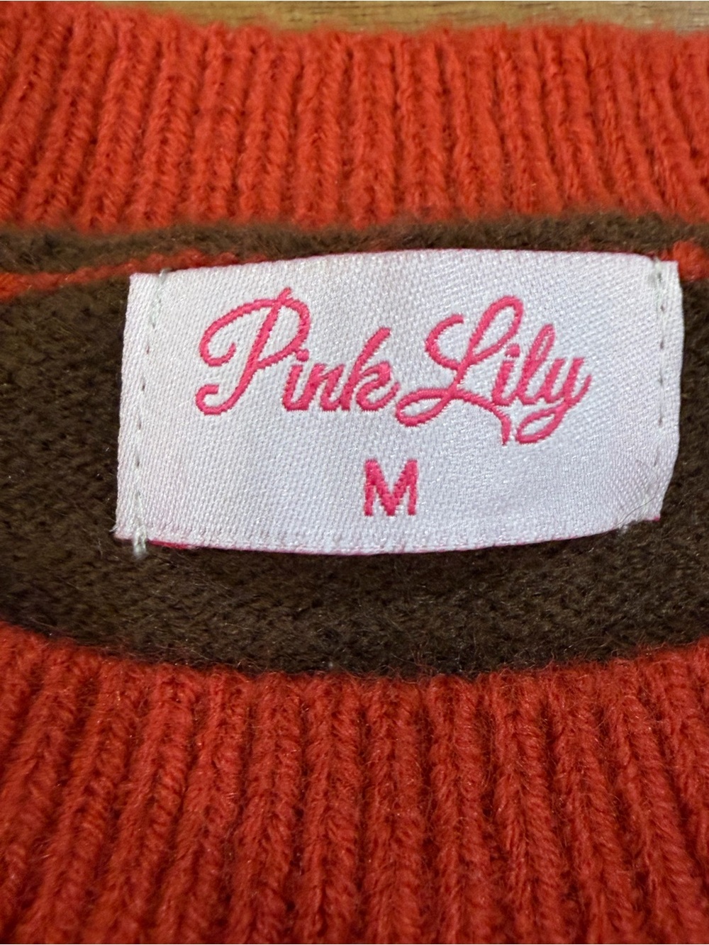 Pink Lily Brown Sweater w/ Pink, Red & Orange Stripes on Puffy Sleeves Size M - Picture 2 of 11